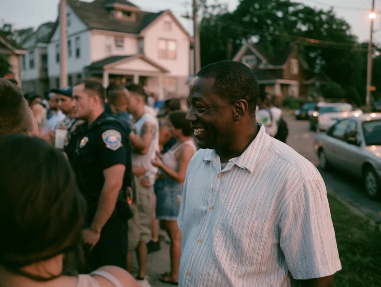 Officers and residents talking together on a neighborhood block at dusk