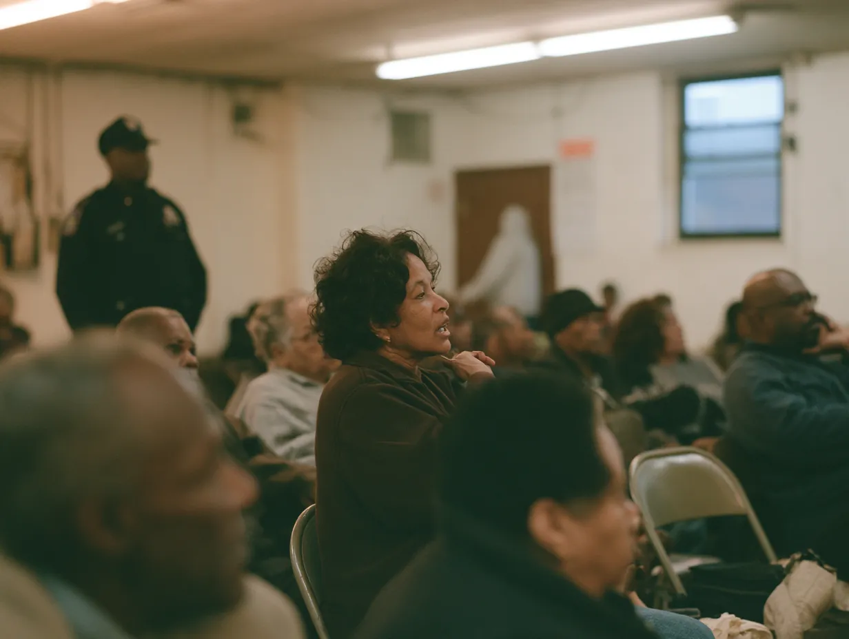 Residents speaking at a neighbourhood community meeting, an officer listening at the back