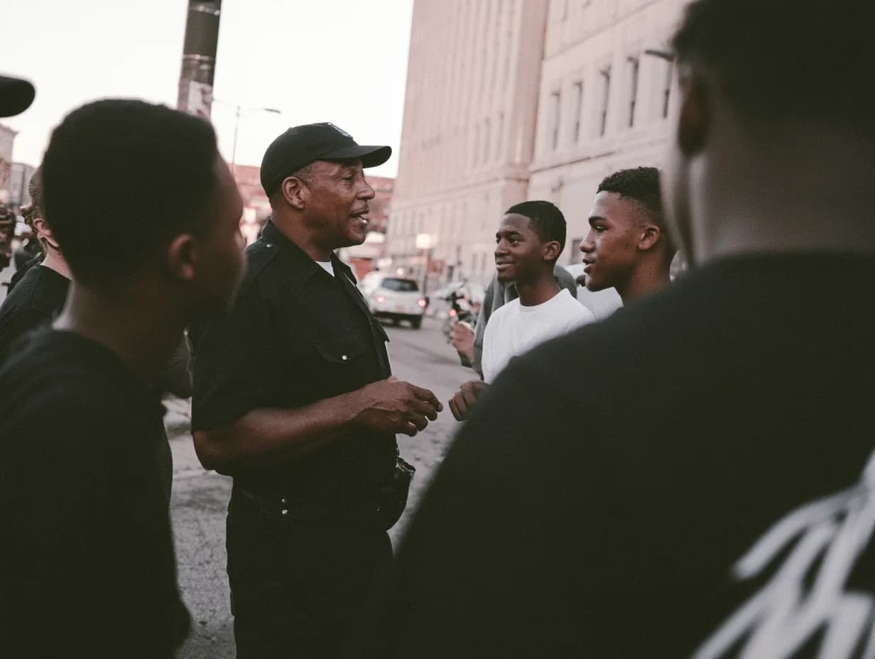 An officer talking with a group of young residents on a city sidewalk